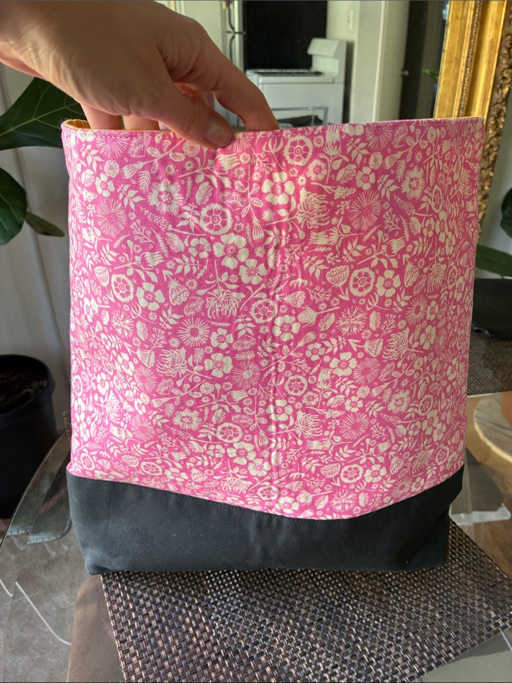 Pink Floral Canvas Tote Bag with Black Base 15x15 inches